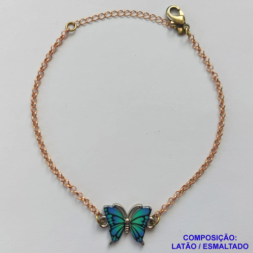PULSEIRA NO BRUTO PRONTO PARA O BANHO - PULSEIRA CORRENTE ELO PORTUGUÊS 18CM + EXTENSOR - PINGENTE BORBOLETA ESMALTADA AZUL / VERDE 11X18MM - COMPOSIÇÃO LATÃO / ESMALTADO - PESO: 4,5GR  BRU14083