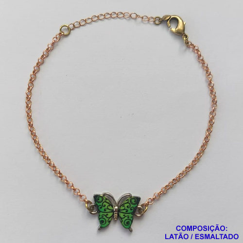 PULSEIRA NO BRUTO PRONTO PARA O BANHO(CX106) - PULSEIRA CORRENTE ELO PORTUGUÊS 18CM + EXTENSOR - PINGENTE BORBOLETA ESMALTADA VERDE 11X18MM - COMPOSIÇÃO LATÃO / ESMALTADO - PESO: 4,5GR  BRU14084