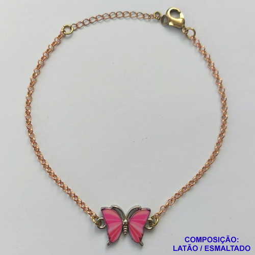 PULSEIRA NO BRUTO PRONTO PARA O BANHO(CX107) - PULSEIRA CORRENTE ELO PORTUGUÊS 18CM + EXTENSOR - PINGENTE BORBOLETA ESMALTADA ROSA 11X18MM - COMPOSIÇÃO LATÃO / ESMALTADO - PESO: 4,5GR  BRU14085