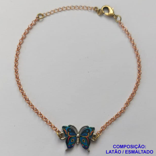 PULSEIRA NO BRUTO PRONTO PARA O BANHO(CX106) - PULSEIRA CORRENTE ELO PORTUGUÊS 18CM + EXTENSOR - PINGENTE BORBOLETA ESMALTADA ESTAMPADA AZUL 11X18MM - COMPOSIÇÃO LATÃO / ESMALTADO - PESO: 4,5GR  BRU14086