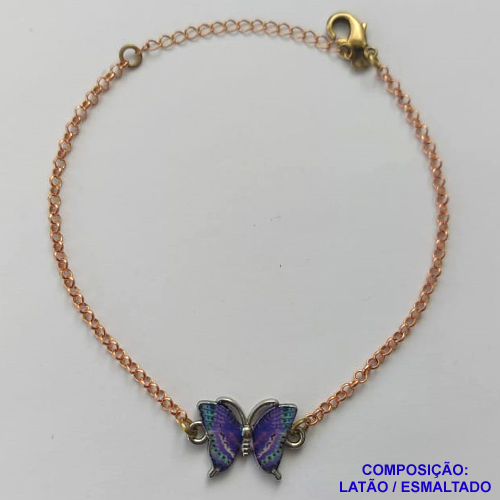 PULSEIRA NO BRUTO PRONTO PARA O BANHO - ( CX.49) PULSEIRA CORRENTE ELO PORTUGUÊS 18CM + EXTENSOR - PINGENTE BORBOLETA ESMALTADA ESTAMPADA LILÁS 11X18MM - COMPOSIÇÃO LATÃO / ESMALTADO - PESO: 4,5GR  BRU14087