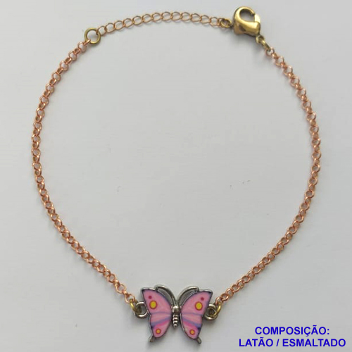 PULSEIRA NO BRUTO PRONTO PARA O BANHO - (CX.14)  PULSEIRA CORRENTE ELO PORTUGUÊS 18CM + EXTENSOR - PINGENTE BORBOLETA ESMALTADA ESTAMPADA ROSA 11X18MM - COMPOSIÇÃO LATÃO / ESMALTADO - PESO: 4,5GR  BRU14088