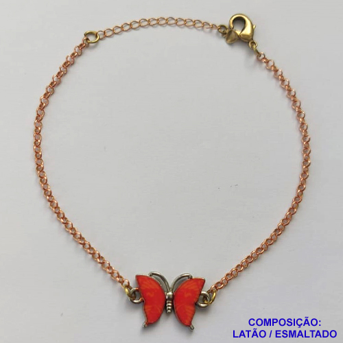 PULSEIRA NO BRUTO PRONTO PARA O BANHO - (CX.14)  PULSEIRA CORRENTE ELO PORTUGUÊS 18CM + EXTENSOR - PINGENTE BORBOLETA ESMALTADA VERMELHA 11X18MM - COMPOSIÇÃO LATÃO / ESMALTADO - PESO: 4,5GR  BRU14089