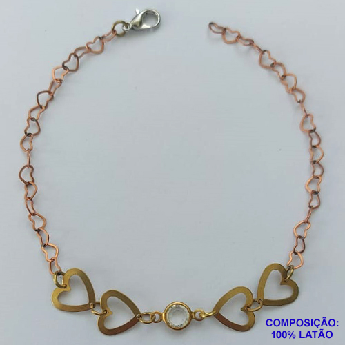 PULSEIRA NO BRUTO PRONTO PARA O BANHO(CX110) - PULSEIRA COM CORAÇÕES VAZADOS E STRASS CRISTAL 18CM + EXTENSOR - COMPOSIÇÃO 100% LATÃO - PESO: 2,4GR  BRU14092