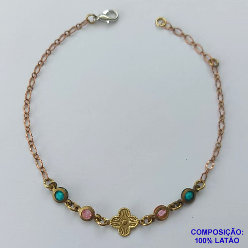 PULSEIRA NO BRUTO PRONTO PARA O BANHO - PULSEIRA COM STRASS COLORIDOS E PINGENTE TIPO VAN CLEFF 18CM + EXTENSOR - COMPOSIÇÃO 100% LATÃO - PESO: 1,4GR  BRU14094
