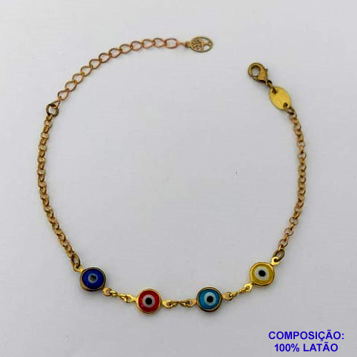 PULSEIRA NO BRUTO PRONTO PARA O BANHO(CX106) - PULSEIRA COM OLHOS GREGOS COLORIDOS 16CM + EXTENSOR - COMPOSIÇÃO 100% LATÃO - PESO: 2,7GR  BRU14095