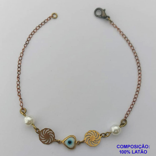 PULSEIRA NO BRUTO PRONTO PARA O BANHO - PULSEIRA COM PÉROLAS E OLHO GREGOS CORAÇÃO 19CM - COMPOSIÇÃO 100% LATÃO - PESO: 1,3GR  BRU14096