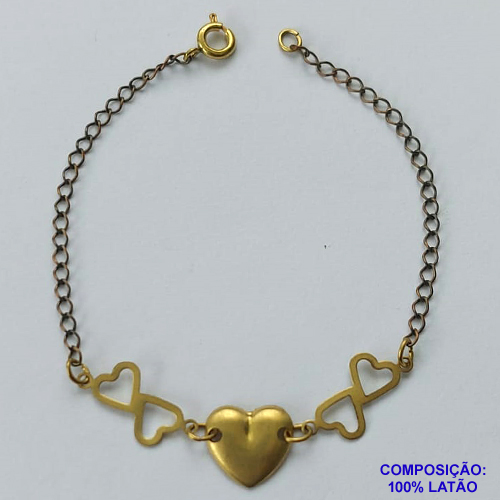 PULSEIRA NO BRUTO PRONTO PARA O BANHO -)(CX.14)  PULSEIRA COM CORAÇÕES - TAMANHO: 17CM - PESO 1,4GR - COMPOSIÇÃO: 100% LATÃO - BRU14106