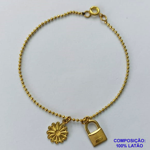 PULSEIRA NO BRUTO PRONTO PARA O BANHO - (CX.50)  PULSEIRA COM CADEADO E FLOR  - TAMANHO: 17CM - PESO 2,4GR - COMPOSIÇÃO: 100% LATÃO - BRU14110