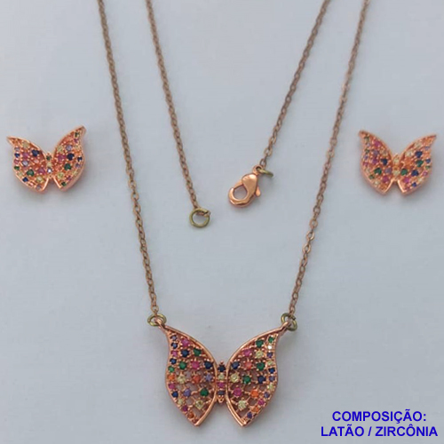 CONJUNTO NO BRUTO PRONTO PARA O BANHO(CX106) - CORRENTE CADEADO 50CM - BRINCOS E PINGENTES EM ALTA FUSÃO COM BORBOLETA CRAVEJADAS EM MICROS ZIRCÔNIAS COLORIDAS 20X25MM - PESO 7,6GR - BRU14116