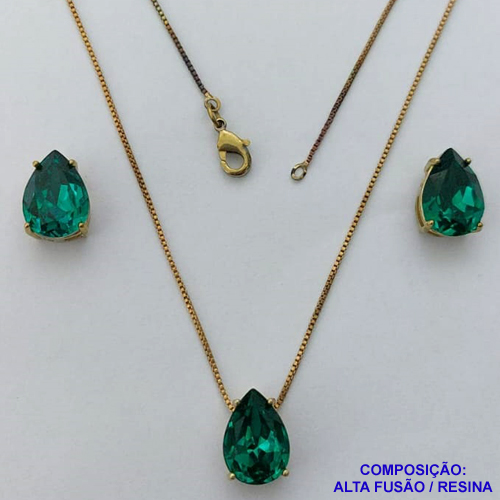 CONJUNTO NO BRUTO PRONTO PARA O BANHO - CORRENTE VENEZIANA 45CM - BRINCOS DE PINO E PINGENTES COM BASE EM ALTA FUSÃO E PEDRAS EM RESINA 10X14MM VERDE ESCURA - PESO 5,8GR - BRU14118