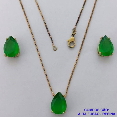 CONJUNTO NO BRUTO PRONTO PARA O BANHO - CORRENTE VENEZIANA 45CM - BRINCOS DE PINO E PINGENTES COM BASE EM ALTA FUSÃO E PEDRAS EM RESINA 10X14MM VERDE LEITOSO - PESO 5,8GR - BRU14122