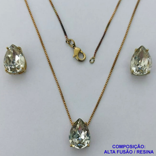 CONJUNTO NO BRUTO PRONTO PARA O BANHO - CORRENTE VENEZIANA 45CM - BRINCOS DE PINO E PINGENTES COM BASE EM ALTA FUSÃO E PEDRAS EM RESINA 10X14MM CRISTAL - PESO 5,8GR - BRU14124