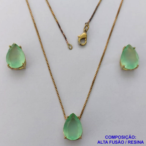 CONJUNTO NO BRUTO PRONTO PARA O BANHO - CORRENTE VENEZIANA 45CM - BRINCOS DE PINO E PINGENTES COM BASE EM ALTA FUSÃO E PEDRAS EM RESINA 10X14MM VERDE CLARA LEITOSA - PESO 5,8GR - BRU14125
