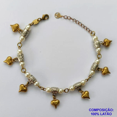 PULSEIRA NO BRUTO PRONTO PARA O BANHO - (CX.49)  PULSEIRA COM PÉROLAS E CORAÇÕES DUPLOS - TAMANHO: 18CM + EXTENSOR - PESO 6,9GR - COMPOSIÇÃO: LATÃO - BRU14130