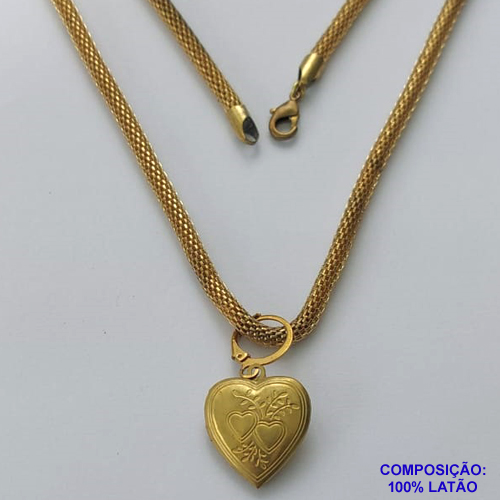 GARGANTILHA NO BRUTO PRONTO PARA O BANHO(CX107) - CORDÃO 4MM COM PINGENTE CORAÇÃO DUPLO - COMPOSIÇÃO: LATÃO - PESO TOTAL 12,1GR - BRU14133