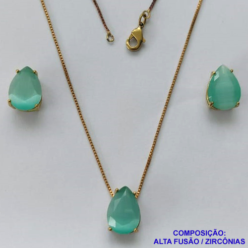 CONJUNTO NO BRUTO PRONTO PARA O BANHO - (CX.118)  CORRENTE VENEZIANA 45CM - BRINCOS DE PINO E PINGENTES COM BASE EM ALTA FUSÃO E PEDRAS EM ZIRCÔNIAS 10X14MM VERDE LEITOSA - PESO 7,4GR - BRU14134