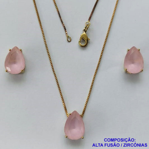 CONJUNTO NO BRUTO PRONTO PARA O BANHO - (CX.118)  CORRENTE VENEZIANA 45CM - BRINCOS DE PINO E PINGENTES COM BASE EM ALTA FUSÃO E PEDRAS EM ZIRCÔNIAS 10X14MM ROSA LEITOSA - PESO 7,4GR - BRU14136