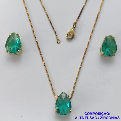 CONJUNTO NO BRUTO PRONTO PARA O BANHO - (CX.118)  CORRENTE VENEZIANA 45CM - BRINCOS DE PINO E PINGENTES COM BASE EM ALTA FUSÃO E PEDRAS EM ZIRCÔNIAS 10X14MM AZUL - PESO 7,4GR - BRU14137