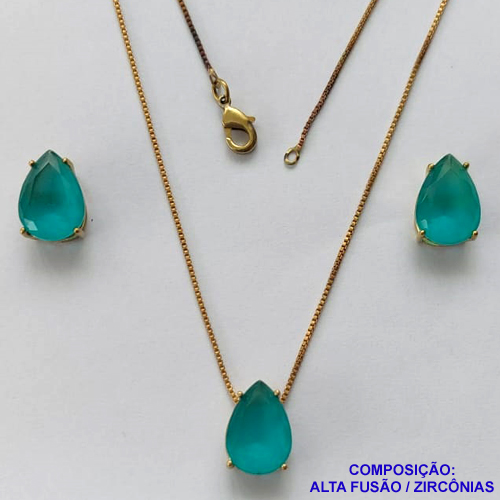 CONJUNTO NO BRUTO PRONTO PARA O BANHO - (CX.118)  CORRENTE VENEZIANA 45CM - BRINCOS DE PINO E PINGENTES COM BASE EM ALTA FUSÃO E PEDRAS EM ZIRCÔNIAS 10X14MM AZUL LEITOSO - PESO 7,4GR - BRU14139