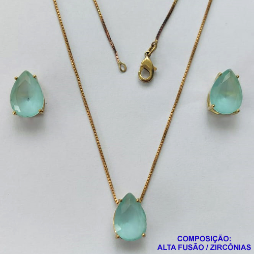 CONJUNTO NO BRUTO PRONTO PARA O BANHO - (CX.118)  CORRENTE VENEZIANA 45CM - BRINCOS DE PINO E PINGENTES COM BASE EM ALTA FUSÃO E PEDRAS EM ZIRCÔNIAS 10X14MM AZUL CLARO LEITOSO - PESO 7,4GR - BRU14140