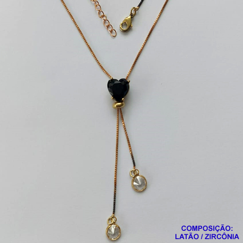 GARGANTILHA NO BRUTO PRONTO PARA O BANHO - CORRENTE GRAVATINHA VENEZIANA 45CM - COM PINGENTE COM BASE EM ALTA FUSÃO E PEDRA EM ZIRCÔNIA CORAÇÃO 10X10MM PRETO - PESO 4,1GR - BRU14143