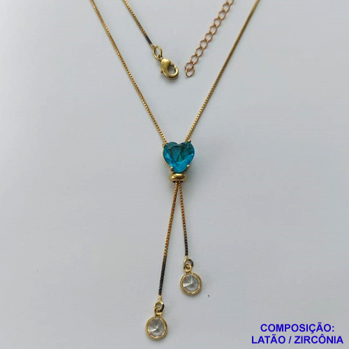 GARGANTILHA NO BRUTO PRONTO PARA O BANHO - CORRENTE GRAVATINHA VENEZIANA 45CM - COM PINGENTE COM BASE EM ALTA FUSÃO E PEDRA EM ZIRCÔNIA CORAÇÃO 10X10MM AZUL - PESO 4,1GR - BRU14148