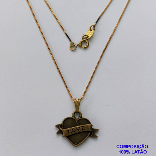 GARGANTILHA NO BRUTO PRONTO PARA O BANHO - (CX.14) GARGANTILHA COM CORRENTE VENEZIANA 45CM - COM PINGENTE CORAÇÃO COM PALAVRA LOVE 20X25MM - PESO 4,6GR - BRU14153