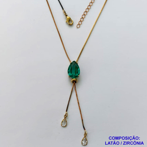 GARGANTILHA NO BRUTO PRONTO PARA O BANHO - (CX.118)  CORRENTE GRAVATINHA VENEZIANA 45CM - COM PINGENTE COM BASE EM ALTA FUSÃO E PEDRA EM ZIRCÔNIA 10x14MM VERDE - PESO 3GR - BRU14155