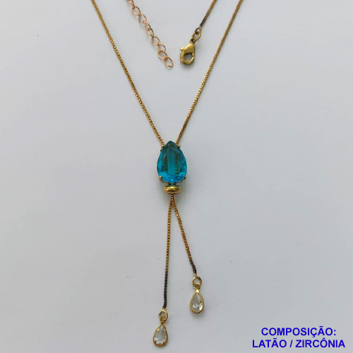 GARGANTILHA NO BRUTO PRONTO PARA O BANHO - (CX.118)  CORRENTE GRAVATINHA VENEZIANA 45CM - COM PINGENTE COM BASE EM ALTA FUSÃO E PEDRA EM ZIRCÔNIA 10x14MM AZUL - PESO 3GR - BRU14157