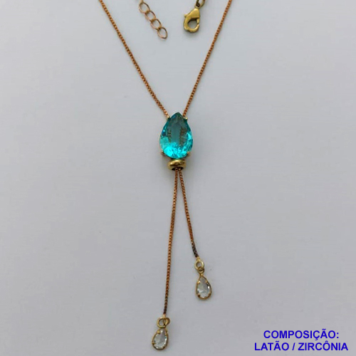 GARGANTILHA NO BRUTO PRONTO PARA O BANHO - (CX.118)  CORRENTE GRAVATINHA VENEZIANA 45CM - COM PINGENTE COM BASE EM ALTA FUSÃO E PEDRA EM ZIRCÔNIA 10x14MM AZUL CLARO - PESO 3GR - BRU14161
