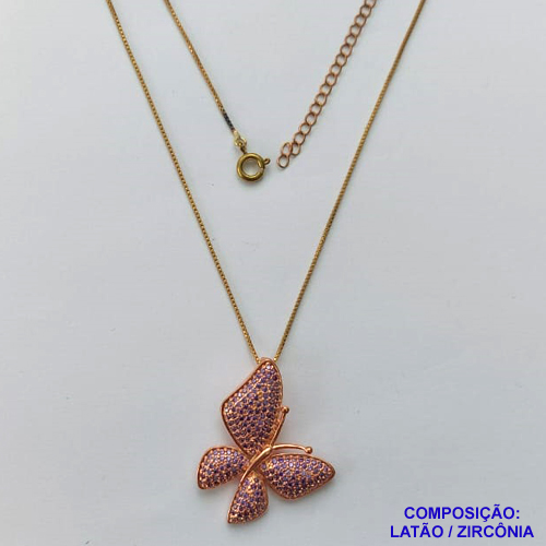 GARGANTILHA BRUTO PRONTA PARA O BANHO - (CX.33)  CORRENTE VENEZIANA 45CM + EXTENSOR COM PINGENTE BORBOLETA CRAVEJADA EM MICRO ZIRCÔNIAS LILÁS 28MM - PESO 6.2GR - BRU14165