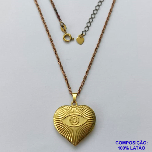 GARGANTILHA BRUTO PRONTA PARA O BANHO(CX107) - CORRENTE  45CM + EXTENSOR - (3866) COM PINGENTE CORAÇÃO DUPLO COM OLHO GREGO 22MM - PESO 6GR - BRU14167