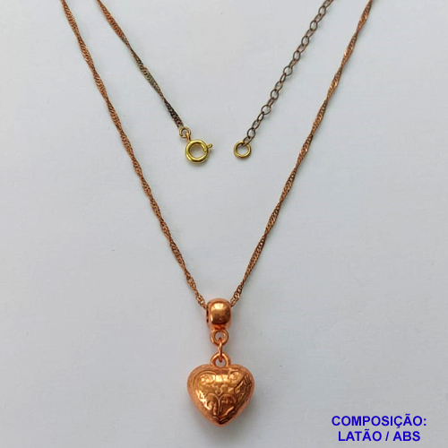 GARGANTILHA BRUTO PRONTA PARA O BANHO(CX107) - CORRENTE  45CM + EXTENSOR - COM PINGENTE CORAÇÃO EM ABS ESTAMPADO 16MM - PESO 2,4GR - BRU14168