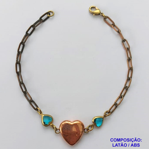 PULSEIRA NO BRUTO PRONTA PARA O BANHO(107) - PULSEIRA 19CM COM PINGENTE CORAÇÃO EM ABS E DOIS CORAÇÕES EM ACRÍLICOS - PESO 3,6GR - BRU14169