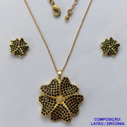 CONJUNTO NO BRUTO PRONTO PARA O BANHO(CX113) - CONJUNTO COM CORRENTE VENEZIANA 45CM + EXTENSOR - BRINCOS DE PINOS FLOR 12MM E PINGENTE FLOR 28MM CRAVEJADOS EM MICROS ZIRCÔNIAS NEGRAS - PESO 10,7GR - COMPOSIÇÃO: LATÃO / ZIRCÔNIA - BRU14183