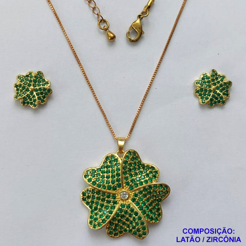 CONJUNTO NO BRUTO PRONTO PARA O BANHO(CX109) - CONJUNTO COM CORRENTE VENEZIANA 45CM + EXTENSOR - BRINCOS DE PINOS FLOR 12MM E PINGENTE FLOR 28MM CRAVEJADOS EM MICROS ZIRCÔNIAS VERDE - PESO 10,7GR - COMPOSIÇÃO: LATÃO / ZIRCÔNIA - BRU14185