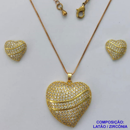 CONJUNTO NO BRUTO PRONTO PARA O BANHO(CX110) - CONJUNTO COM CORRENTE VENEZIANA 45CM + EXTENSOR - BRINCOS DE PINOS CORAÇÃO 12MM E PINGENTE CORAÇÃO 26MM CRAVEJADOS EM MICROS ZIRCÔNIAS CRISTAIS - PESO 12.2GR - COMPOSIÇÃO: LATÃO / ZIRCÔNIA - BRU14187