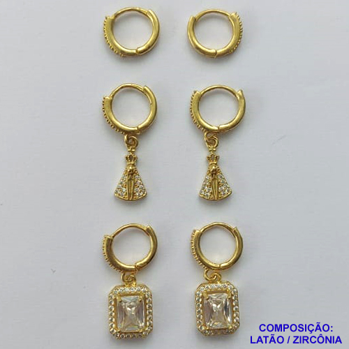 BRINCO NO BRUTO PRONTO PARA O BANHO(CX107) - BRINCO DE TRIO ARGOLINHA DE PRESSÃO CRAVEJADOS EM ZIRCÔNIAS CRISTAIS - PESO 9,8GR - COMPOSIÇÃO: LATÃO / ZIRCÔNIA - BRU14188