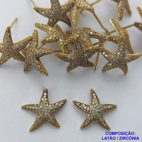 BRINCO NO BRUTO PRONTO PARA O BANHO(CX110) - BRINCO DE PINO ESTRELA DO MAR CRAVEJADO EM ZIRCÔNIAS CRISTAIS 14MM - PESO 2GR - COMPOSIÇÃO: LATÃO / ZIRCÔNIA - BRU14190