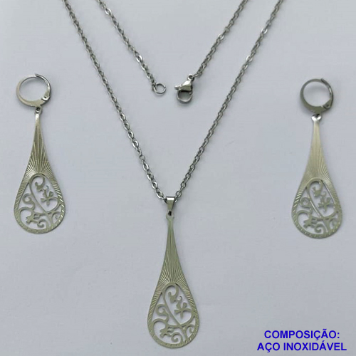 CONJUNTO EM AÇO INOXIDÁVEL(CX107) - (AÇO13) GARGANTILHA COM CORRENTE 50CM E PINGENTE GOTA COM DETALHES VAZADOS 16X44MM - COMPOSIÇÃO: AÇO INOXIDÁVEL - AÇO1791