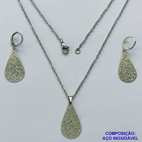 CONJUNTO EM AÇO INOXIDÁVEL(CX107) - (AÇO13) GARGANTILHA COM CORRENTE 50CM E PINGENTE GOTA COM DETALHES VAZADOS 15X28MM - COMPOSIÇÃO: AÇO INOXIDÁVEL - AÇO1793