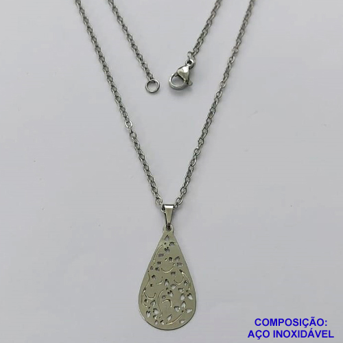 GARGANTILHA EM AÇO INOXIDÁVEL(CX107) - (AÇO03) GARGANTILHA COM CORRENTE 50CM E PINGENTE GOTA COM DETALHES VAZADOS 15X28MM - COMPOSIÇÃO: AÇO INOXIDÁVEL - AÇO1795