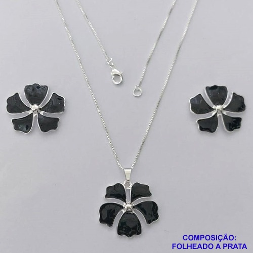 CONJUNTO FOLHEADO A PRATA COM 50 MILÉSIMOS + VERNIZ DIAMOND - CONJUNTO COM CORRENTE VENEZIANA 45CM - BRINCOS DE PINO E PINGENTES EM FLORES ESMALTADAS PRETAS 25X23MM - (PRA156)