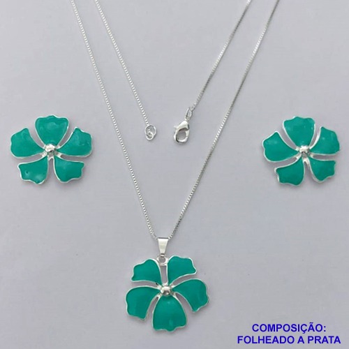 CONJUNTO FOLHEADO A PRATA COM 50 MILÉSIMOS + VERNIZ DIAMOND - CONJUNTO COM CORRENTE VENEZIANA 45CM - BRINCOS DE PINO E PINGENTES EM FLORES ESMALTADAS VERDES 25X23MM - PRA157