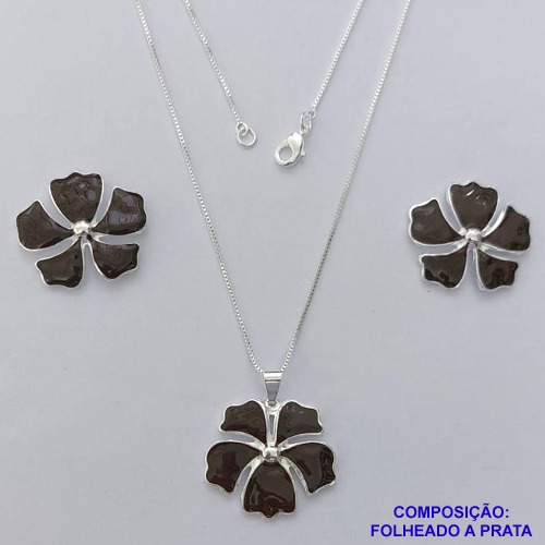 CONJUNTO FOLHEADO A PRATA COM 50 MILÉSIMOS + VERNIZ DIAMOND - CONJUNTO COM CORRENTE VENEZIANA 45CM - BRINCOS DE PINO E PINGENTES EM FLORES ESMALTADAS MARRON  25X23MM - PRA159