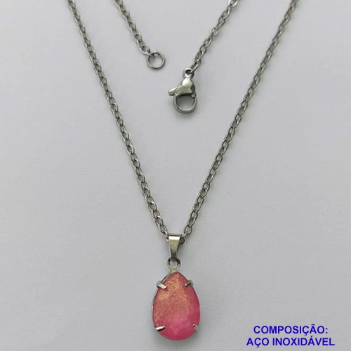 GARGANTILHA EM AÇO INOXIDÁVEL - (AÇO03) GARGANTILHA COM CORRENTE 50CM E PINGENTE EM RESINA ROSA COM BRILHOS 3X7MM - COMPOSIÇÃO: AÇO INOXIDÁVEL - AÇO1796