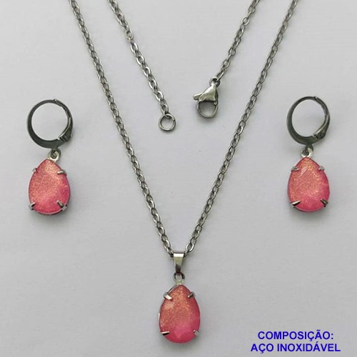 CONJUNTO EM AÇO INOXIDÁVEL - (AÇO3) GARGANTILHA COM CORRENTE 50CM E PINGENTE EM RESINA ROSA COM BRILHOS 3X7 - COMPOSIÇÃO: AÇO INOXIDÁVEL - AÇO1798