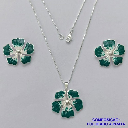 CONJUNTO FOLHEADO A PRATA COM 50 MILÉSIMOS + VERNIZ DIAMOND - CONJUNTO COM CORRENTE VENEZIANA 45CM - BRINCOS DE PINO E PINGENTES EM FLORES ESMALTADAS VERDE COM BRANCO 17X20MM - PRA161