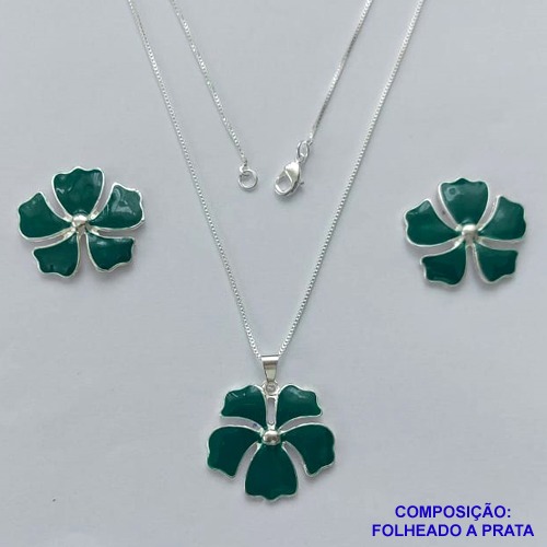 CONJUNTO FOLHEADO A PRATA COM 50 MILÉSIMOS + VERNIZ DIAMOND - CONJUNTO COM CORRENTE VENEZIANA 45CM - BRINCOS DE PINO E PINGENTES EM FLORES ESMALTADAS VERDES 24X22MM - PRA164